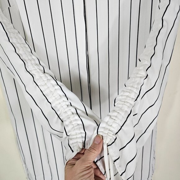 Eileen Fisher Silk Crepe Button Up Shirt PS Ivory Painterly Stripe Ruched Sleeve - Picture 12 of 12